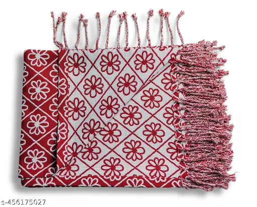 Red Floral Jacquard Cotton Throw (50cm x 70cm), Indian crafted floral border design on reverseable cotton fabric