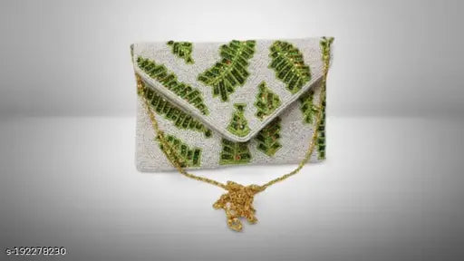 Beaded evening party sling bag, beige lining, gold accents