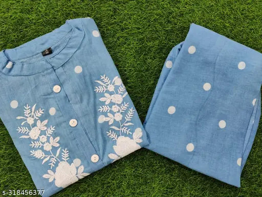 Cotton shirt and pants set, long sleeves, embroidered design - Indian fashion for parties