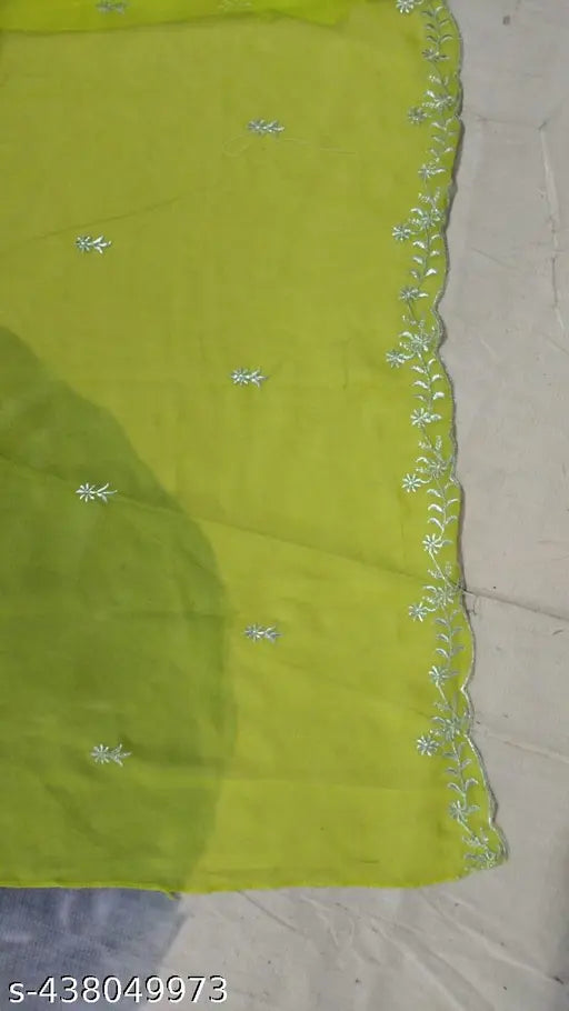 Lime green georgette Anarkali gown with matching dupatta, ideal for weddings or festivals