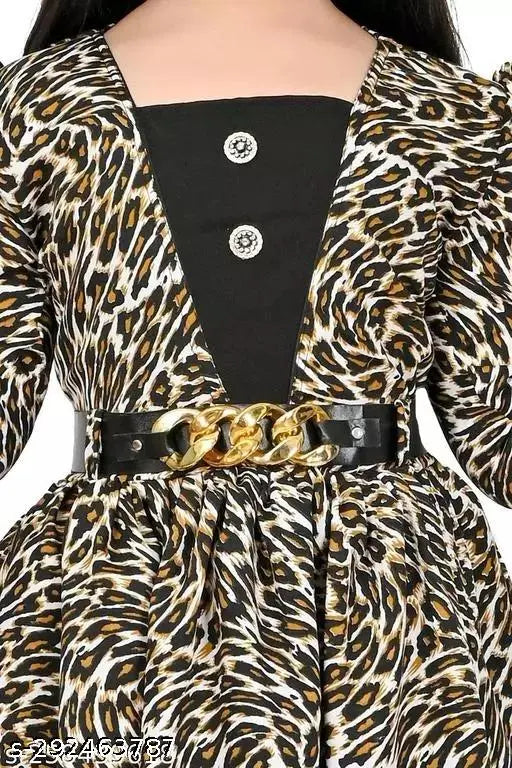 Multi-colored, flared sleeves, patterned, belted waist, short sleeves, knee-length skirt, printed tiger design, girls dress for summer wear