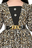 Multi-colored, flared sleeves, patterned, belted waist, short sleeves, knee-length skirt, printed tiger design, girls dress for summer wear