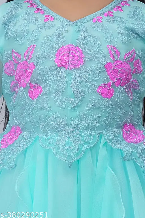 Teal lace dress with pink floral embroidery, long sleeves