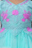 Teal lace dress with pink floral embroidery, long sleeves