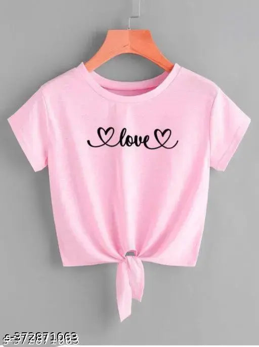 Pink Lycra crop top for women with heart love printed pattern, short sleeves, available in sizes S-XL