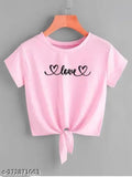 Pink Lycra crop top for women with heart love printed pattern, short sleeves, available in sizes S-XL