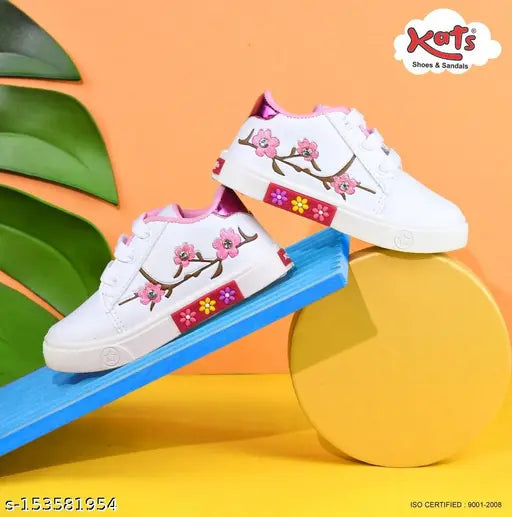 White synthetic KATS Kids Shoes, breathable and comfortable casual lace-up shoe for infants aged 1 to 4 years - Easy to wear, daily use, partywear, good quality shoes from India