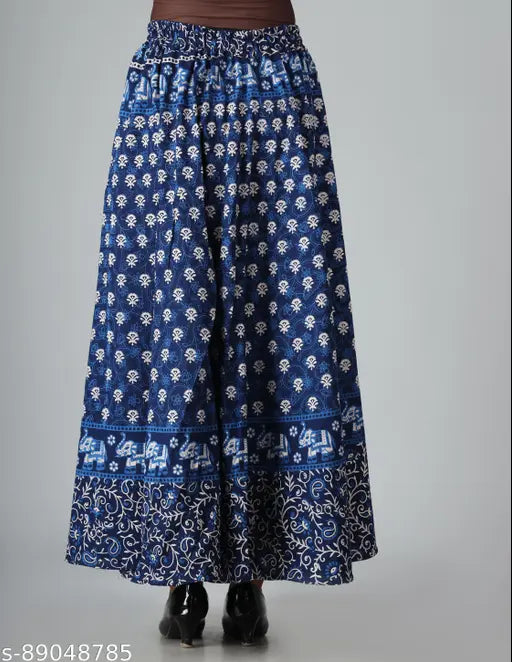 Gorgeous blue printed cotton maxi skirt, elastic waistband with drawstring closure. Available in various sizes and free size. Jaipuri design from India