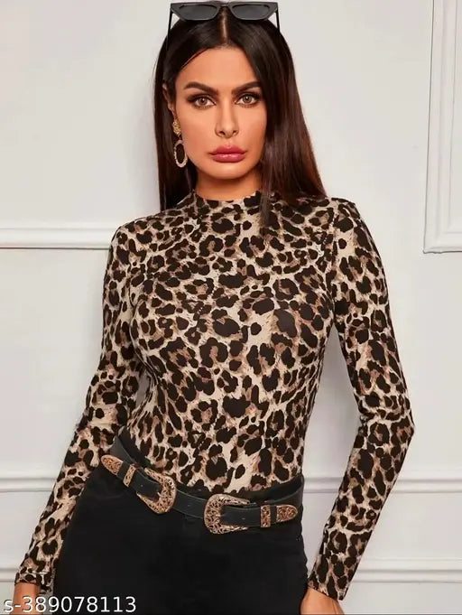 Black animal print polyester top with high neck and long sleeves for casual wear, 23 inches length