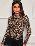 Black animal print polyester top with high neck and long sleeves for casual wear, 23 inches length
