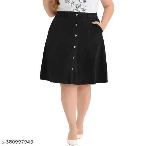Black denim skirt, button-up front, midi length