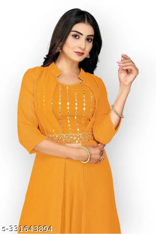 Trending women's ethnic Georgette set, includes Koti top and bottom, three-quarter sleeves, full stitch jacket lehenga choli, embroidery and gotapatti designs, available in sizes S-XL
