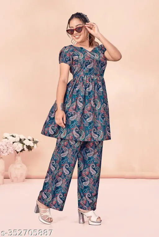 Bosaru women's leaf print coordset in cotton blend with palazzos bottomwear, short sleeves