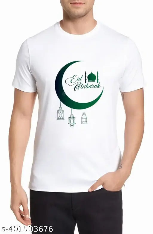 White polyester Eid Mubarak printed round neck t-shirt, short sleeves on mannequin