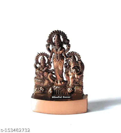 Brass-plated figurine of Hindu deities Maa Laxmi, Lord Ganesha, and Saraswati idols with metal stand
