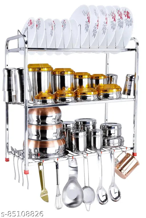 A 24-inch kitchen organizer made of stainless steel with a modern design, featuring three layers for dish storage and a rack for utensils
