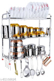 A 24-inch kitchen organizer made of stainless steel with a modern design, featuring three layers for dish storage and a rack for utensils