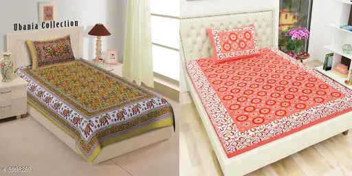 Splendor cotton single bedsheet (85x59), 140 thread count, 2 pillow covers included, pack of 2 from India