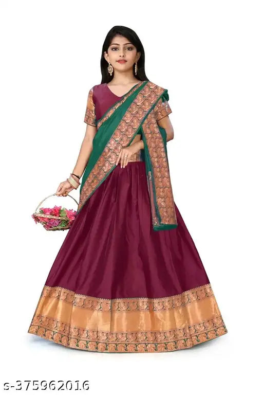 Fancy Art Silk Lehenga Choli Collection, featuring Chanderi cotton dupatta and unstitched blouse, stripe-patterned flared lehenga with zari print. Best quality Indian designer clothing for 13-14, 14-15, 15-16 years old, or free size. Accessorize with matching jewelry and heels for a stunning look. Dry clean only. Origin: India (97 characters)