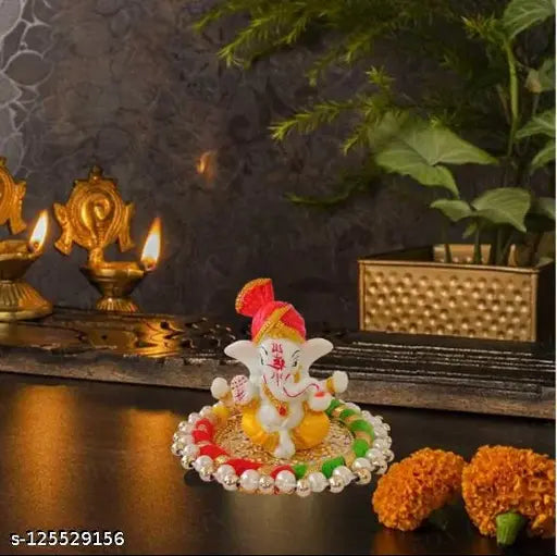 Lord Ganesha ceramic figurine on handcrafted plate, decorative with white and gold Aasan motif, home or room decoration