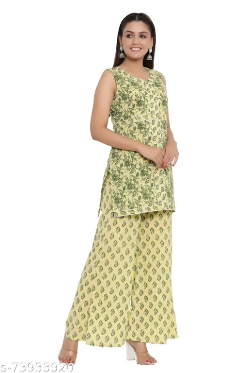 Yellow and green floral print straight kameez set, pure cotton, kameez with palazzos