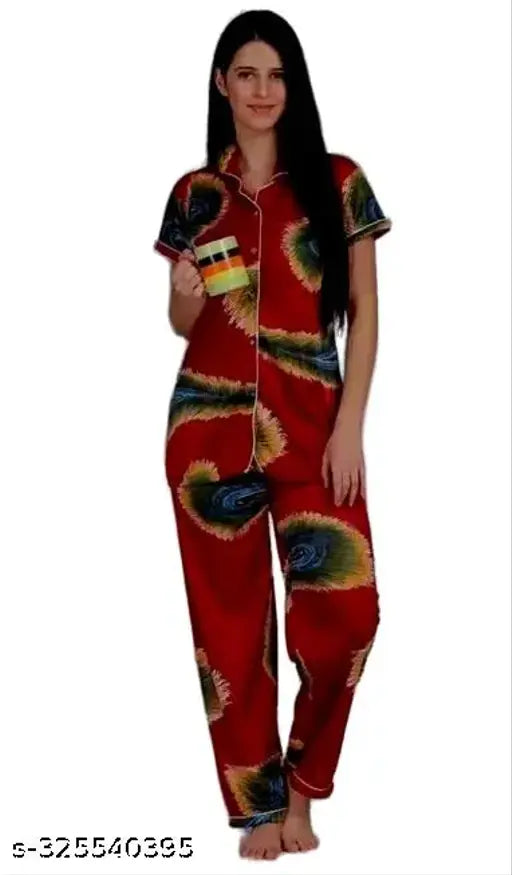 Satin print pyjama set, soft and stylish nightwear for women, two-piece nightwear set - great gift idea. Made in India