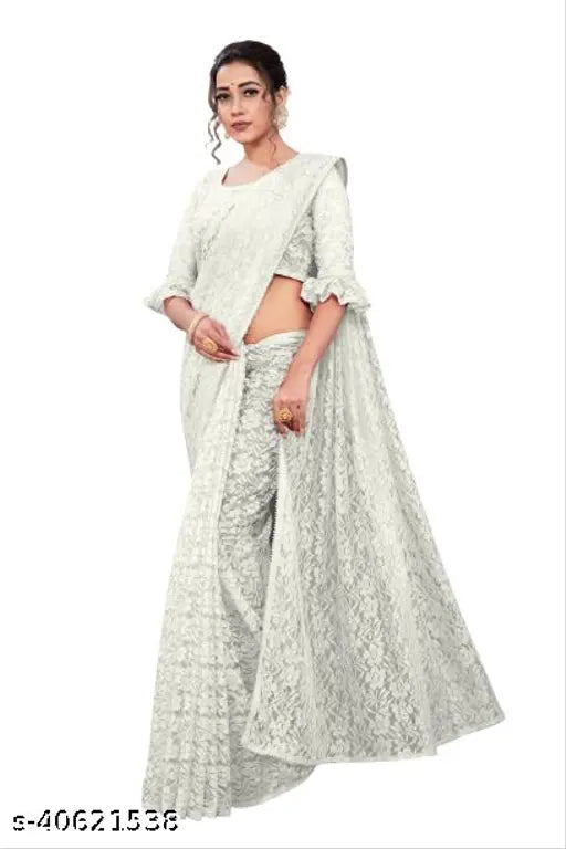 Ami White Rasal Net Saree with Separate Blouse, free size, 5.5m length, Indian handcrafted design