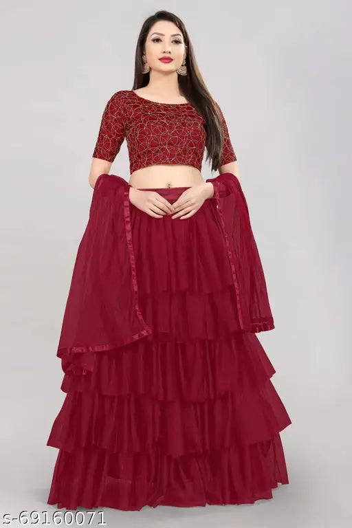 Maroon embroidered semi-stitched lehenga choli (Satin top, Net bottom & dupatta), featuring ruffle patterns and unstitched choli. Perfect for traditional events, adjustable up to waist size 42 inches