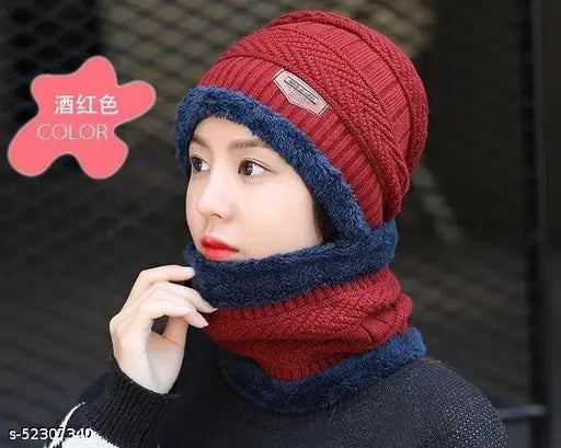 Red winter cap, woolen, fur trim, snow proof