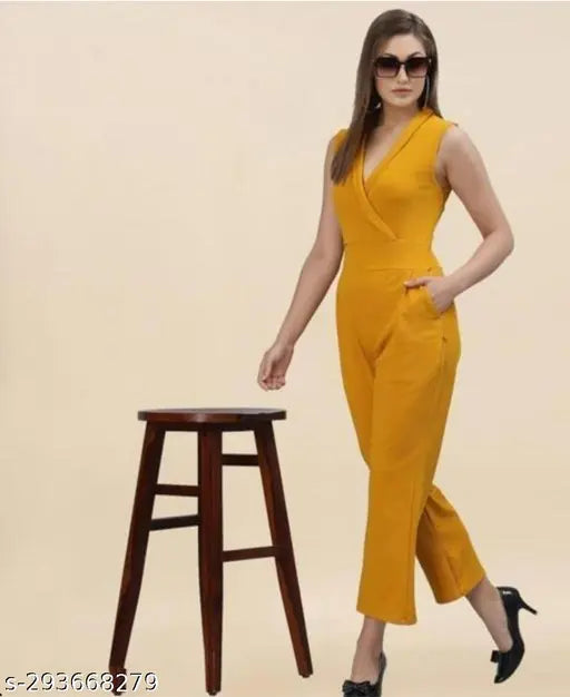 Trendy viscose V-neck jumpsuit for women, sleeveless solid net party wear, India origin