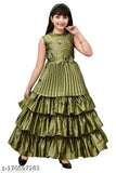 Green silk blend party gown for girls with ruffled sleeve trim