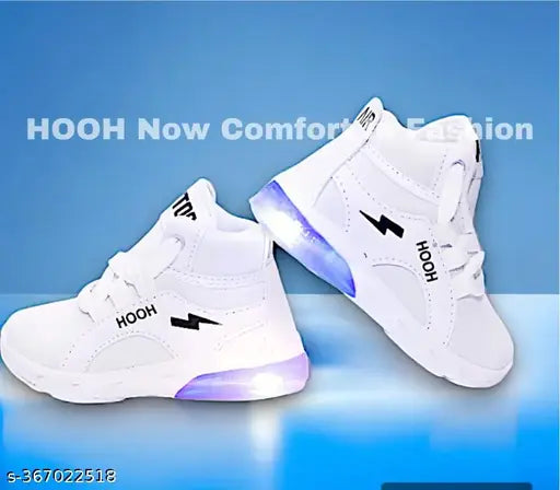White kids' casual sneakers with LED light accents