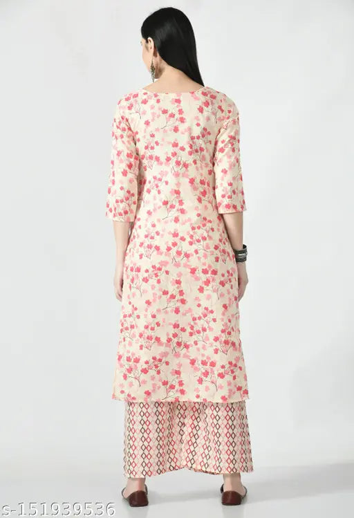 New floral print rayon kurta and palazzo set for couples, three-quarter sleeve, printed net design, Indian origin
