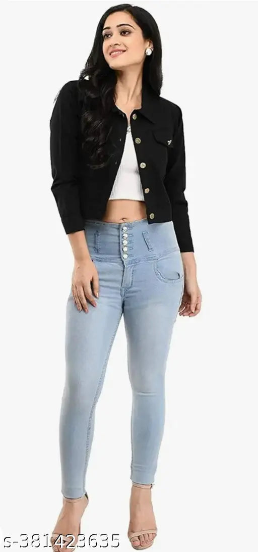 Black denim three-quarter sleeve jacket for women, solid pattern, size S (34in bust, 18in length)