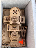Brown wooden hand carving of a temple replicating Shri Ram Mandir Ayodhya, 3D decorative showpiece with intricate designs, dimensions: 13cm x 9cm, can be used as a car dashboard home for decorative purposes