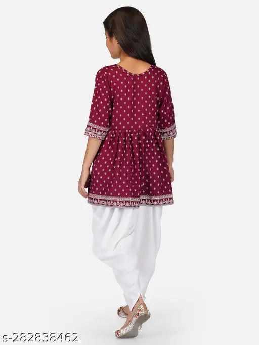 Girs Rayon Top & Bottom Ethnic Set, printed rayon kurta with bottomwear for children's parties and festivals