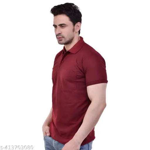 Multi-colored maroon and orange Amario polo t-shirts, half sleeve, regular fit, men's sizes S to 3XL. Comfortable polycotton fabric with pocket detailing, suitable for various occasions. Made in India