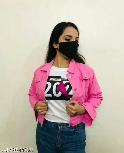 Pink denim women's jacket with long sleeves, solid pattern, sizes S-XL. Perfect for girls and women fashion." (90 characters)
