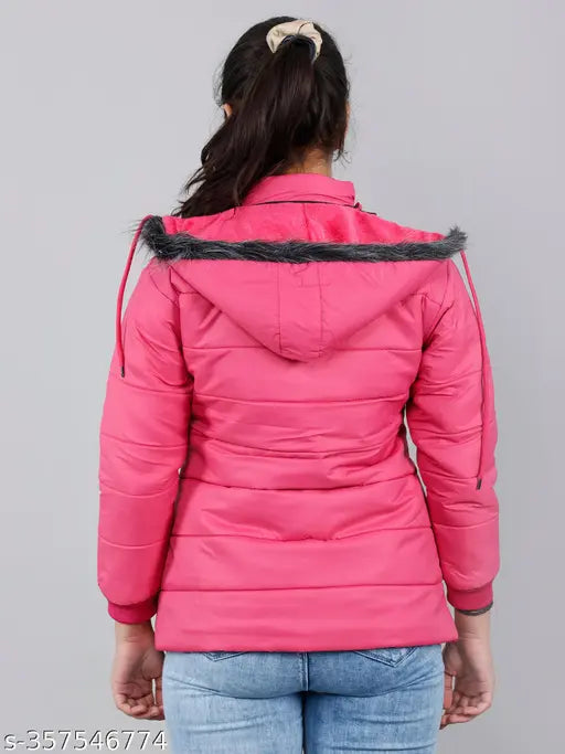 Pink rani jacket with fur trim and zip closure