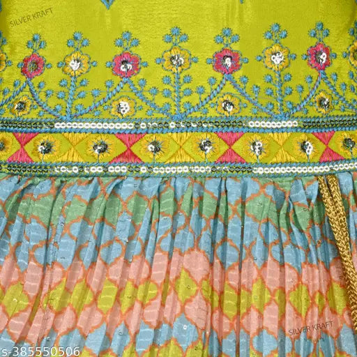Parrot green art silk embroidered girls' knee-length dress, vibrant print with pleated fabric, round neck and double umbrella sleeves, back zip opening, tassels included - party wear frocks for girls, kids' frock for birthday parties