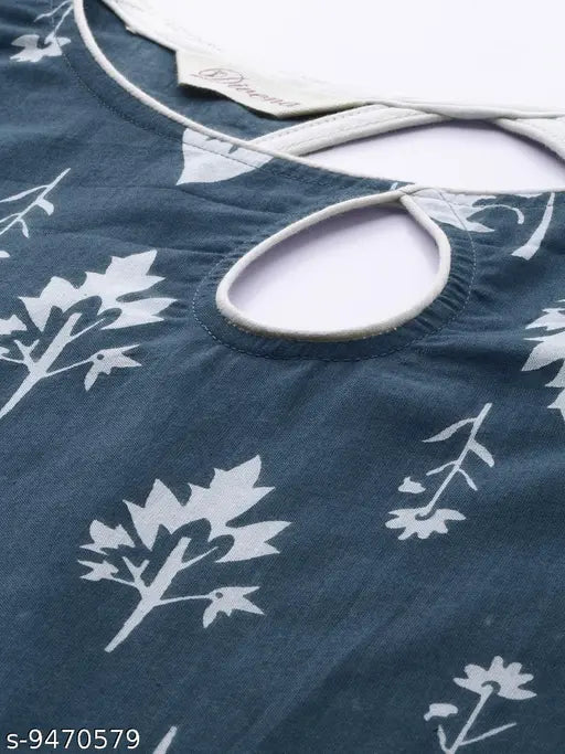 Blue, cotton, pleated kurti with botanical print