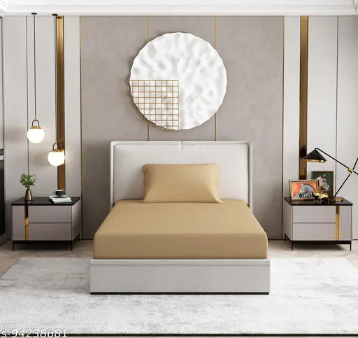 Beige 135 GSM soft cotton anti-microbial, anti-bacterial single bed sheet with 18x28 inch pillow cover. Superfine glace cotton flat sheets for added comfort and elegance