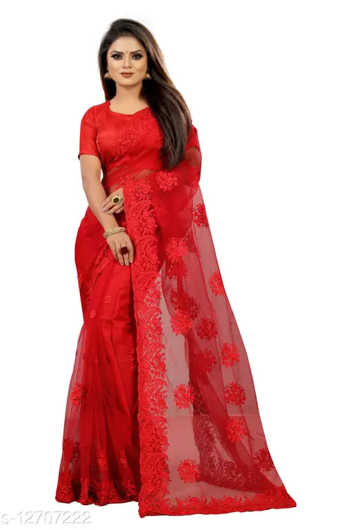 Embroidered net saree with satin running blouse, sensational Abhisarika Indian attire