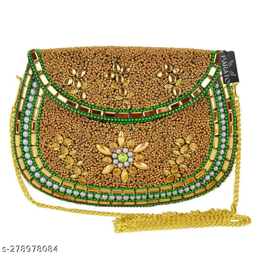 Shiny gold sequin clutch handbag with flap and chain strap