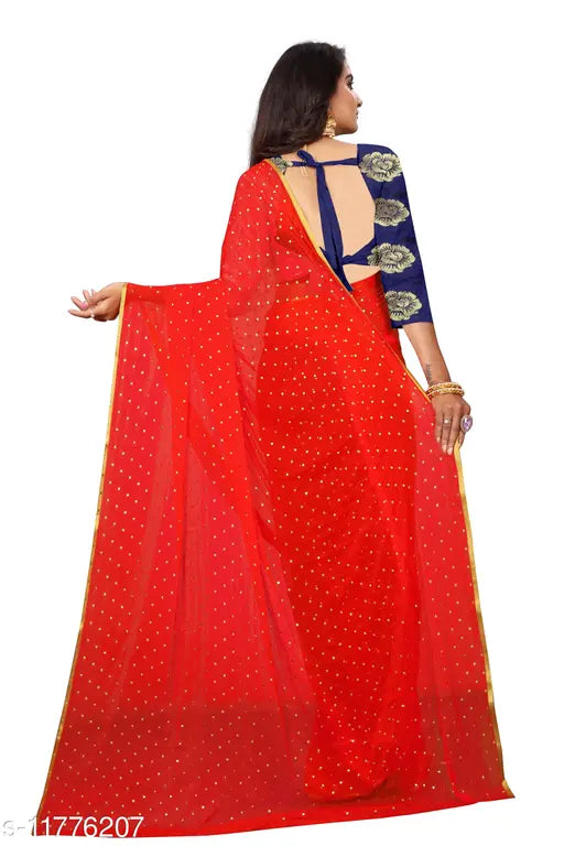 Redfish embellished chiffon saree with jacquard blouse, single free-size, India origin