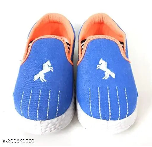 Blue, orange, pony logo, sports shoe