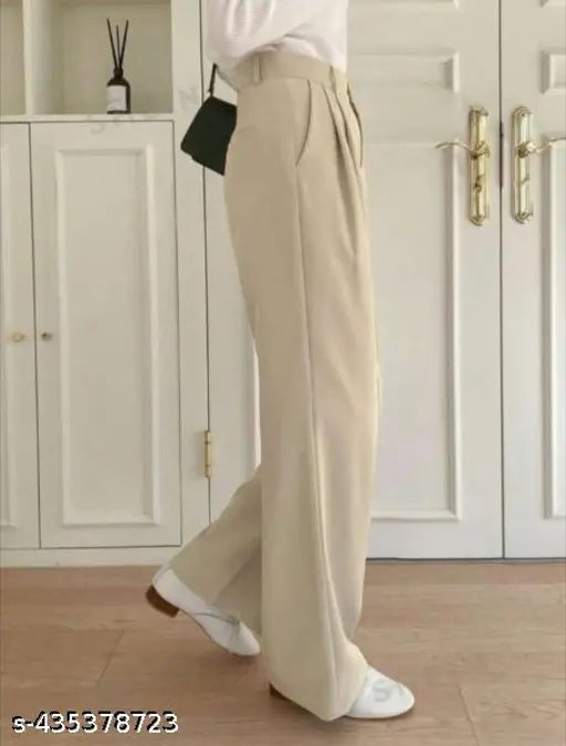 Cream pants, women's style, high waist, wide leg