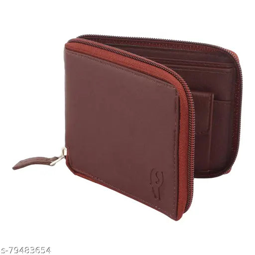Brown faux leather men's wallet with coin pocket and zipper, features 2 compartments for essentials
