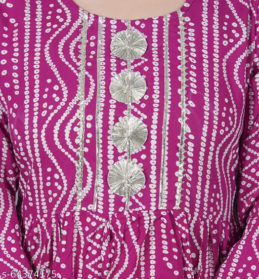 Long anarkali cotton printed pink kurta with round neck and 34 sleeves