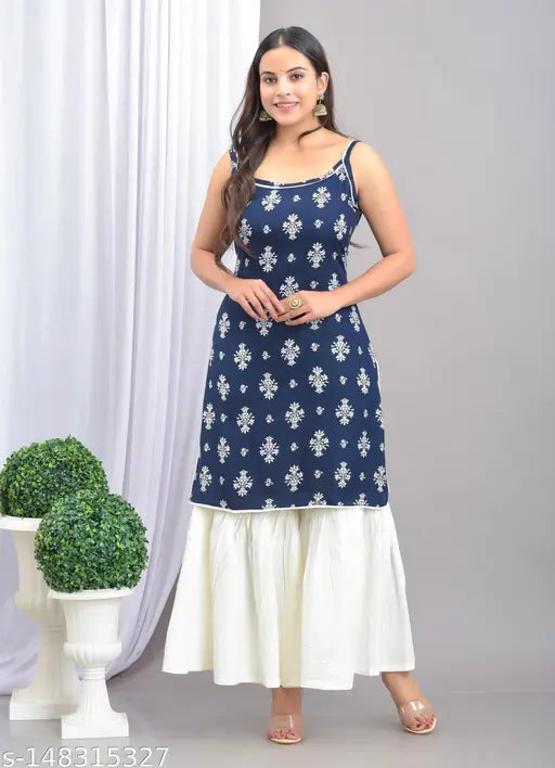 Women's straight kurta set, rayon print, sharara design